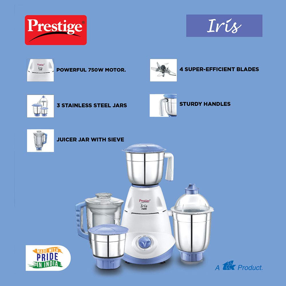 Prestige Iris 750 Watt Mixer Grinder with 3 Stainless Steel Jar 1 Juicer Jar White and Blue