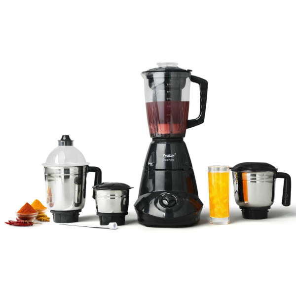 Image of Prestige Iris 750 Watt Mixer Grinder with 4 Jars (3 Stainless Steel + 1 Juicer) | Super Efficient SS Blades | Black | 2Y Warranty | ISI Certified