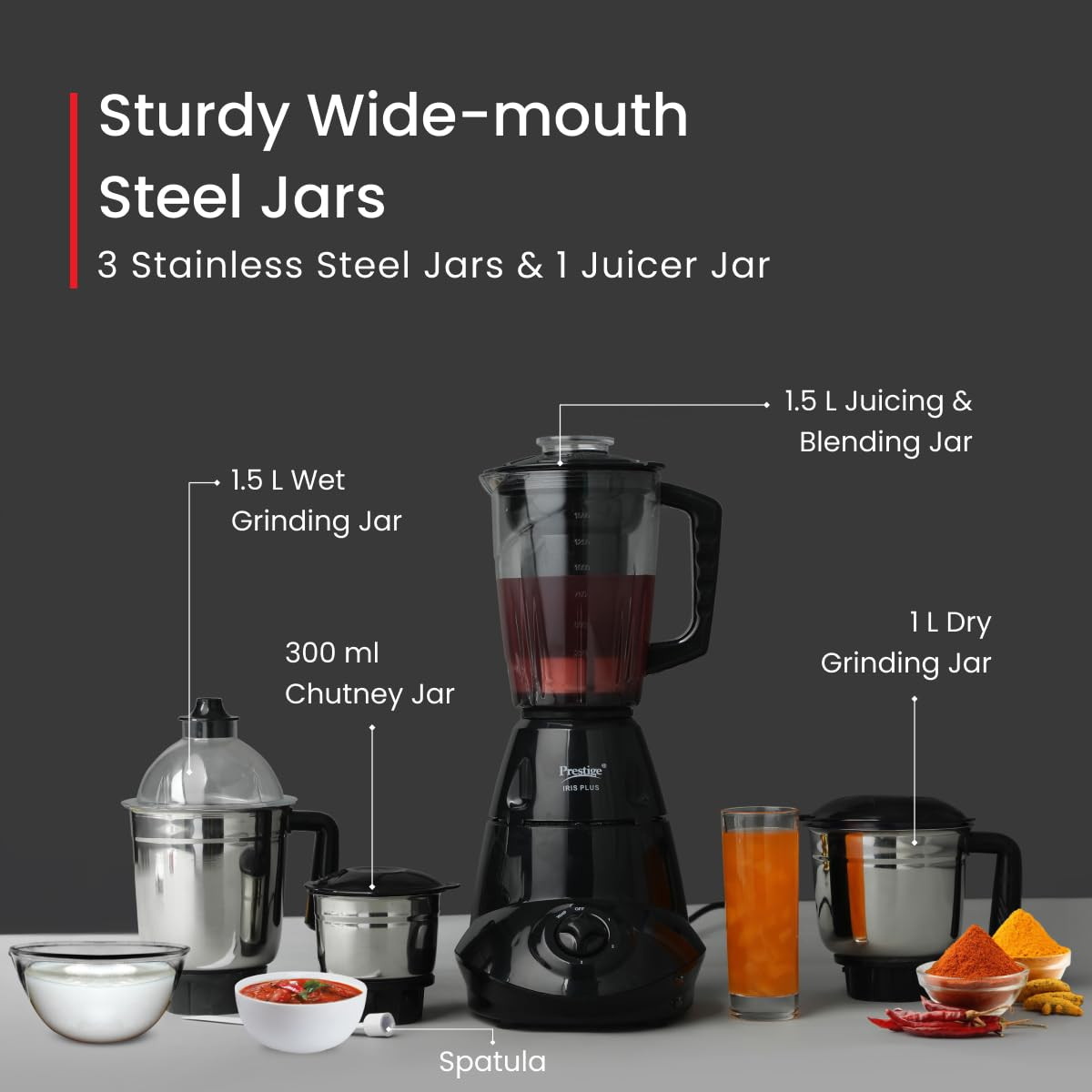 Prestige Iris 750 Watt Mixer Grinder with 4 Jars 3 Stainless Steel 1 Juicer Super Efficient SS Blades Black 2Y Warranty ISI Certified