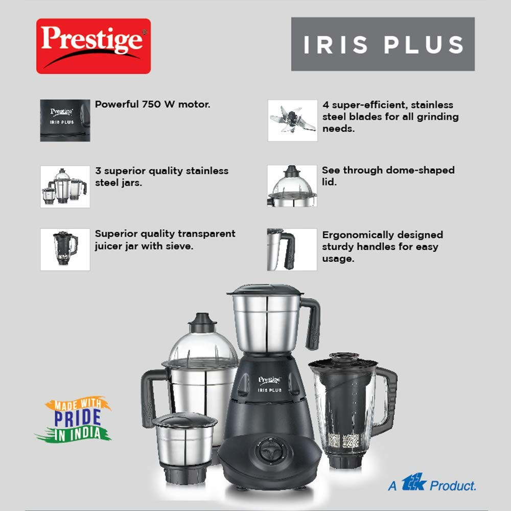 Prestige Iris 750 Watt Mixer Grinder with 4 Jars 3 Stainless Steel  1 Juicer  Super Efficient SS Blades  Black  2Y Warranty  ISI Certified