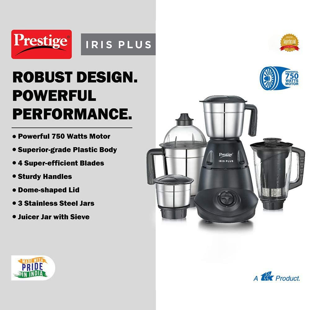 Prestige Iris 750 Watt Mixer Grinder with 4 Jars 3 Stainless Steel 1 Juicer Super Efficient SS Blades Black 2Y Warranty ISI Certified