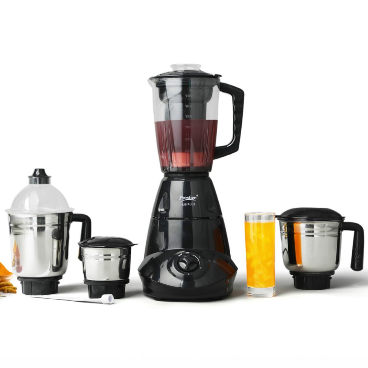 Prestige Iris Plus 750 W Mixer Grinder With 4 Jars 3 Stainless Steel Jars 1 Juicer Jar 4 Super Efficient Stainless Blades 2 Years Warranty Black 750 watts