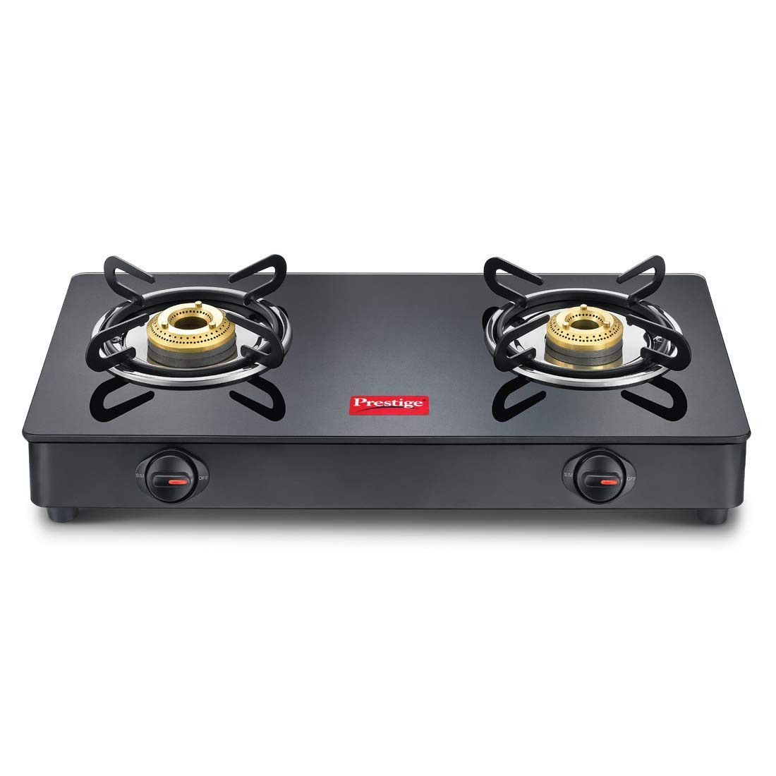 Prestige IRIS Toughened Glass-Top 2 Brass Burner LPG Gas Stove Black Spill Proof Ergonomic Knobs Tri-Pin Brass Burners Open