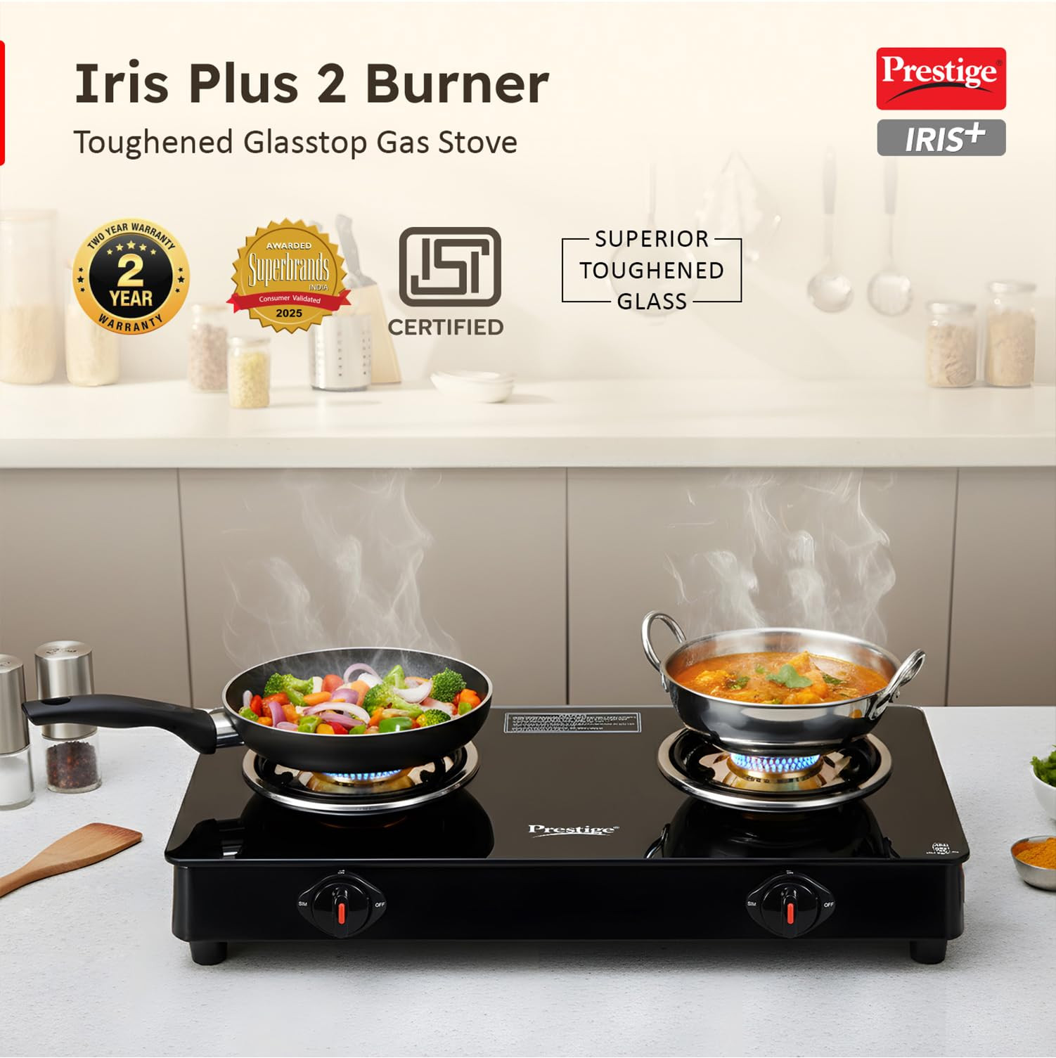Prestige IRIS Toughened Glass-Top 2 Brass Burner LPG Gas Stove Black Spill Proof Ergonomic Knobs Tri-Pin Brass Burners Open