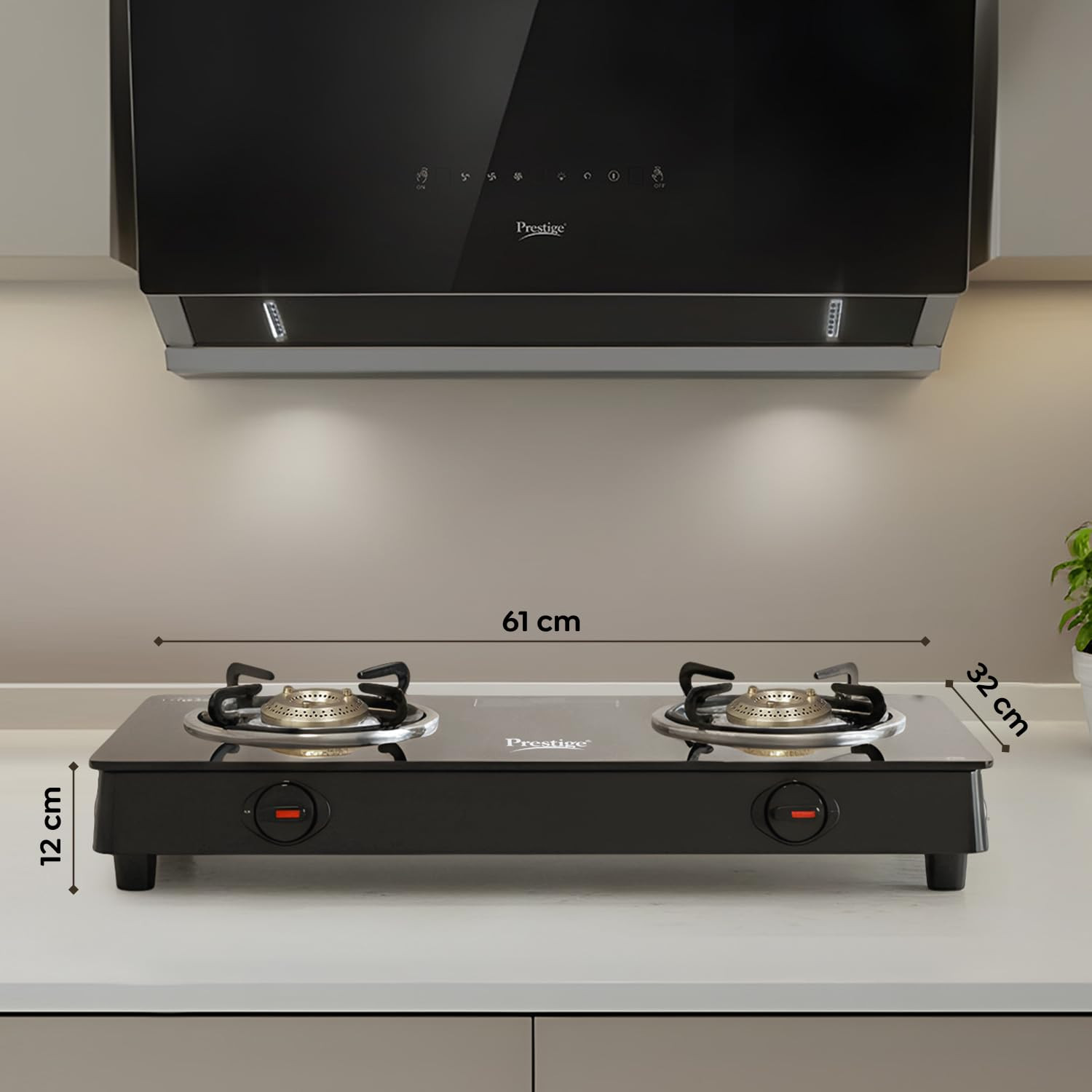 Prestige IRIS Toughened Glass-Top 2 Brass Burner LPG Gas Stove Black Spill Proof Ergonomic Knobs Tri-Pin Brass Burners Open