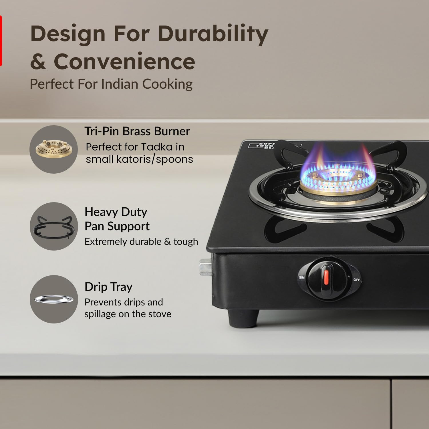Prestige IRIS Toughened Glass-Top 2 Brass Burner LPG Gas Stove Black Spill Proof Ergonomic Knobs Tri-Pin Brass Burners Open
