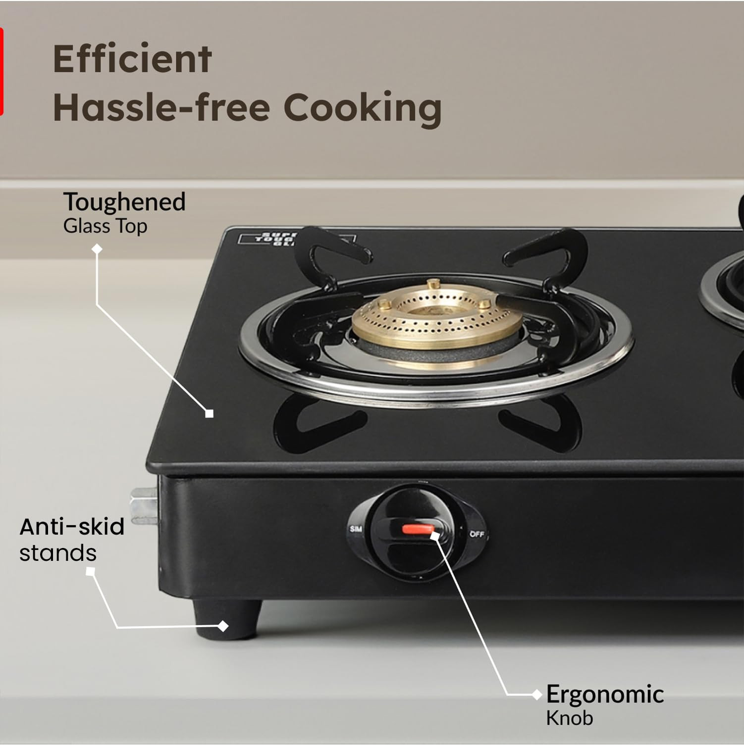 Prestige IRIS Toughened Glass-Top 2 Brass Burner LPG Gas Stove  Black  Spill Proof  Ergonomic Knobs  Tri-Pin Brass Burners Open