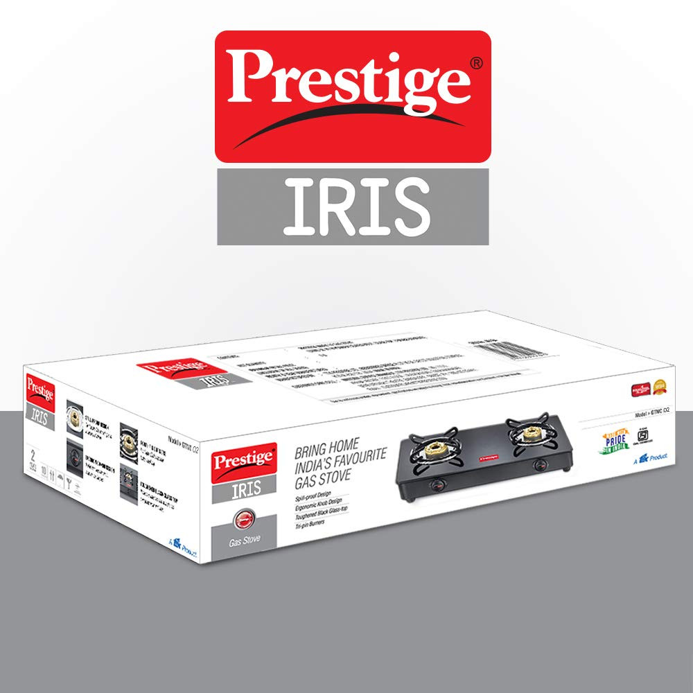 Prestige IRIS Toughened Glass-Top 2 Brass Burner LPG Gas Stove  Black  Spill Proof  Ergonomic Knobs  Tri-Pin Brass Burners Open