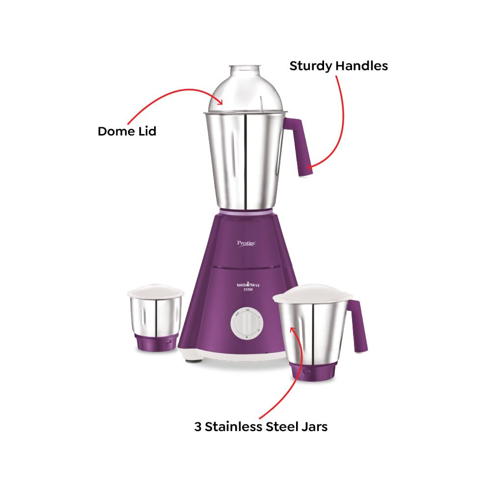 Prestige Nakshatra V2 550W Mixer Grinder with 3 Stainless Steel JarsPurple Dome Lid Aluminium Jar Base