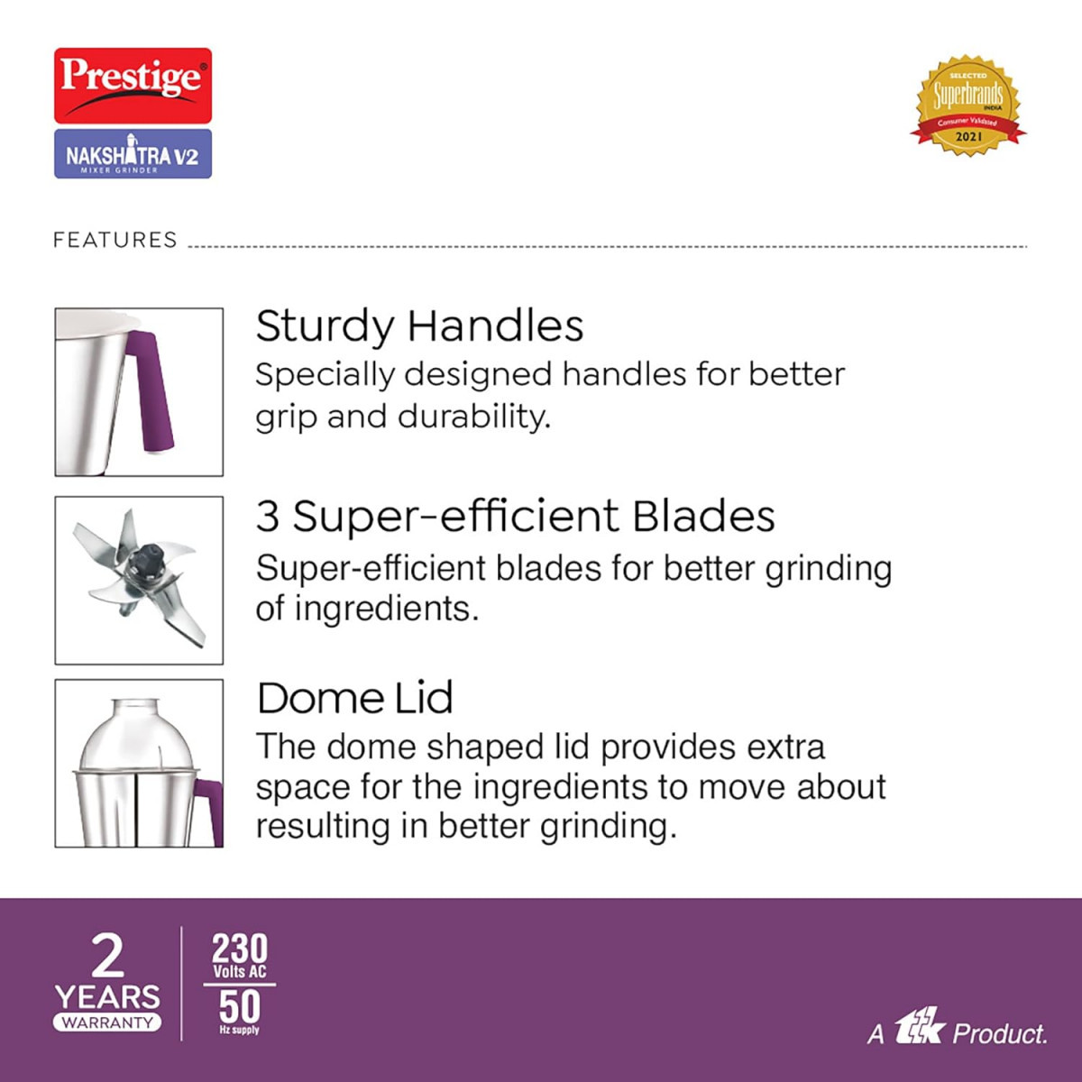 Prestige Nakshatra V2 550W Mixer Grinder with 3 Stainless Steel JarsPurple Dome Lid Aluminium Jar Base