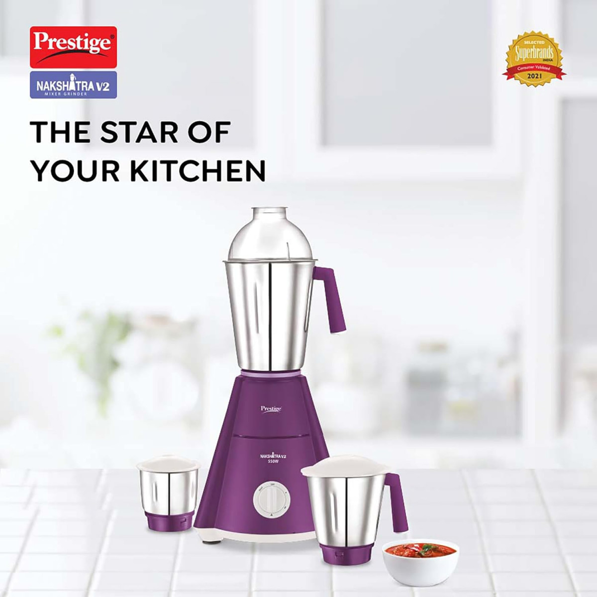 Prestige Nakshatra V2 550W Mixer Grinder with 3 Stainless Steel JarsPurple Dome Lid Aluminium Jar Base