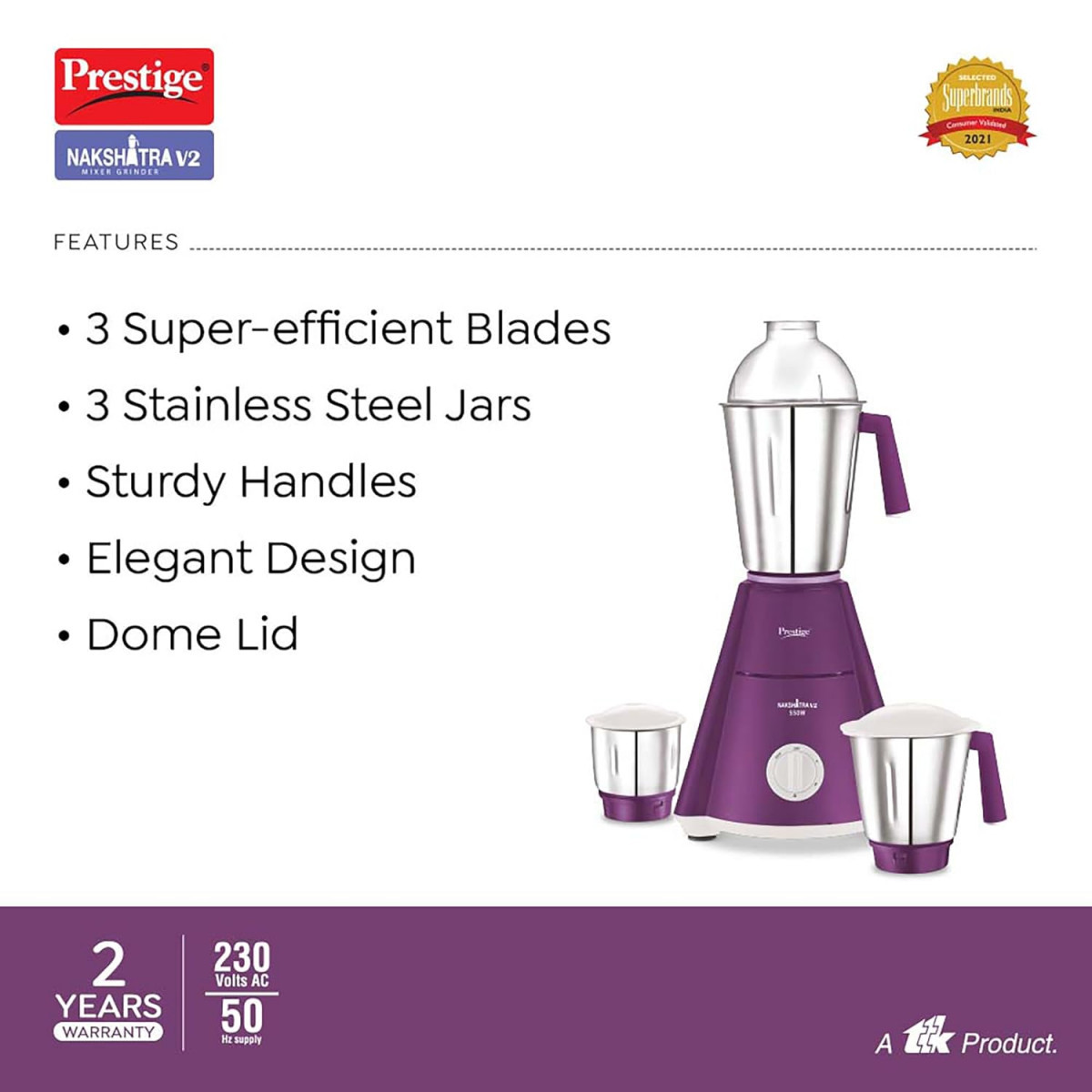 Prestige Nakshatra V2 550W Mixer Grinder with 3 Stainless Steel JarsPurple Dome Lid Aluminium Jar Base