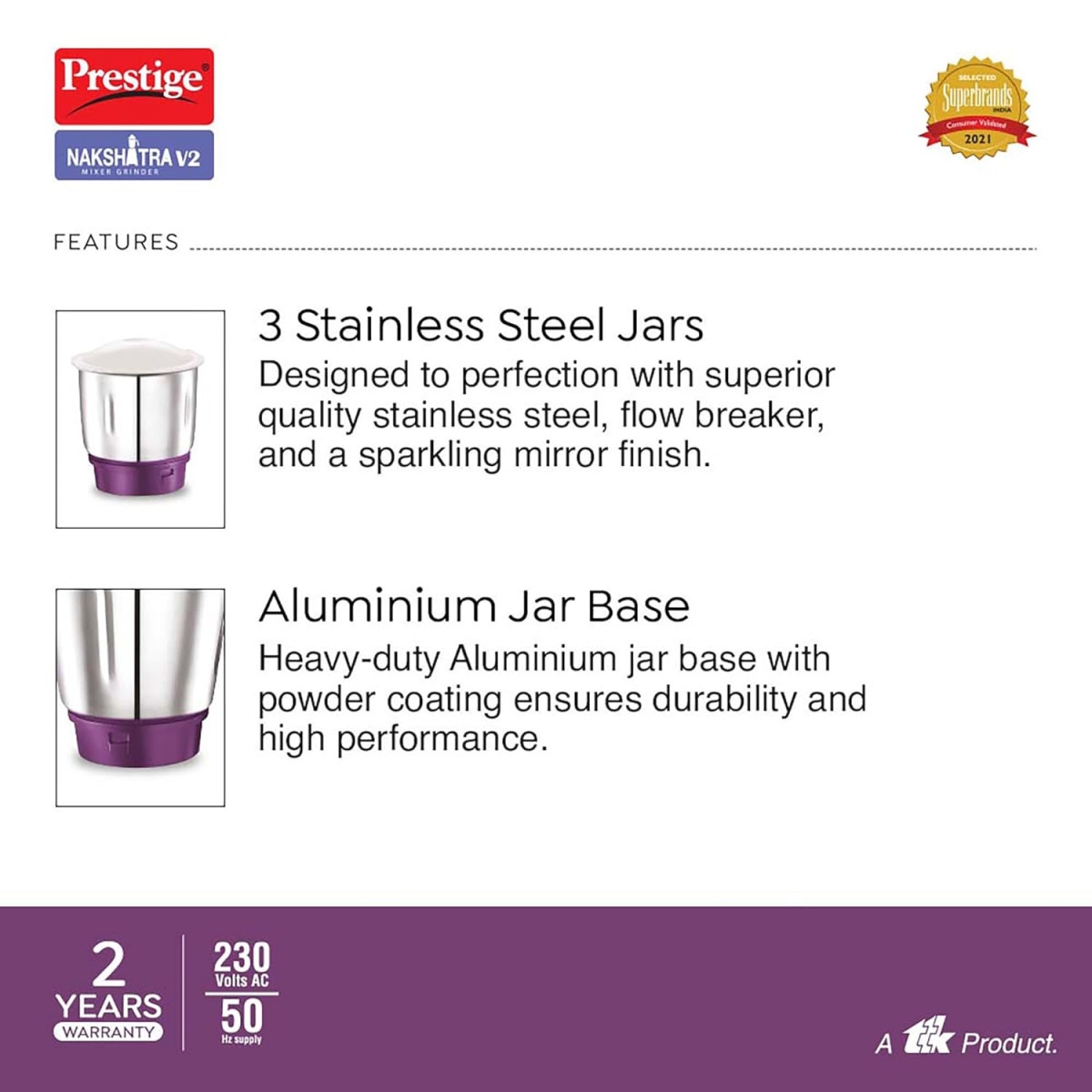 Prestige Nakshatra V2 550W Mixer Grinder with 3 Stainless Steel JarsPurple Dome Lid Aluminium Jar Base