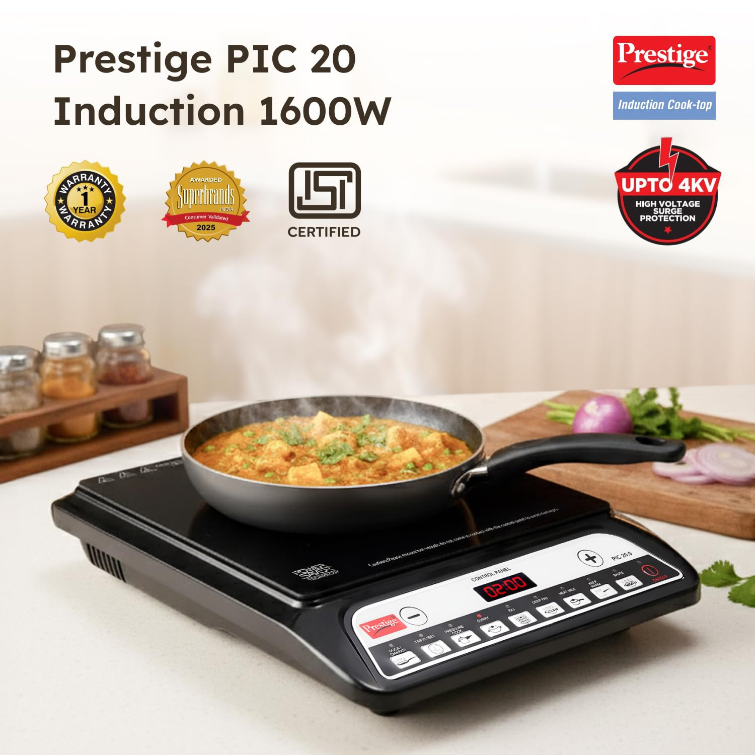Prestige PIC 20 1600 Watts Induction Cooktop  4KV Surge Protection  8 Preset Indian Menu Options  Timer  Soft Touch Button  Easy to Clean  Portable  Black  1Y Warranty  BIS