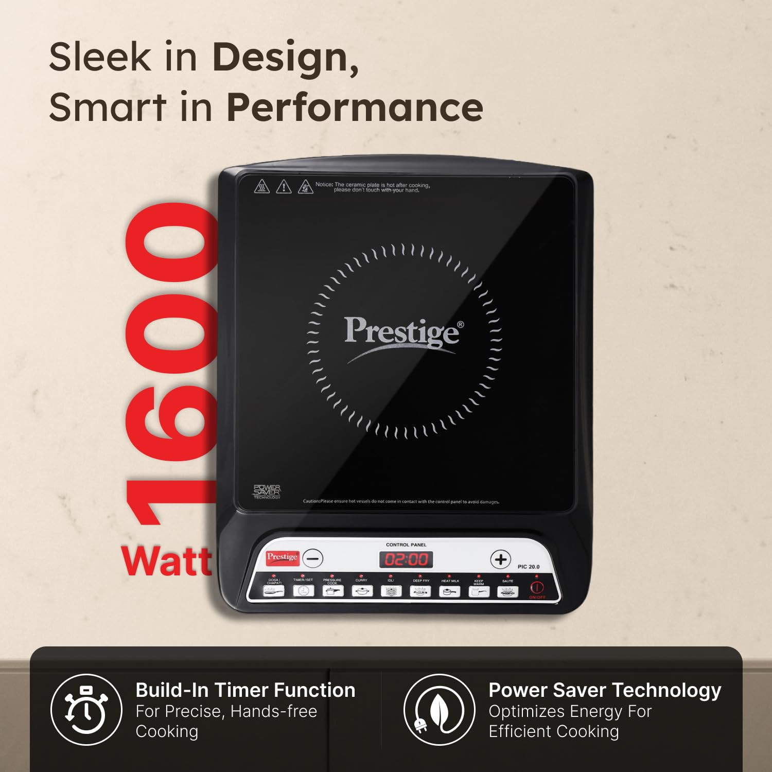 Prestige PIC 20 1600 Watts Induction Cooktop 4KV Surge Protection 8 Preset Indian Menu Options Timer Soft Touch Button Easy to Clean Portable Black 1Y Warranty BIS