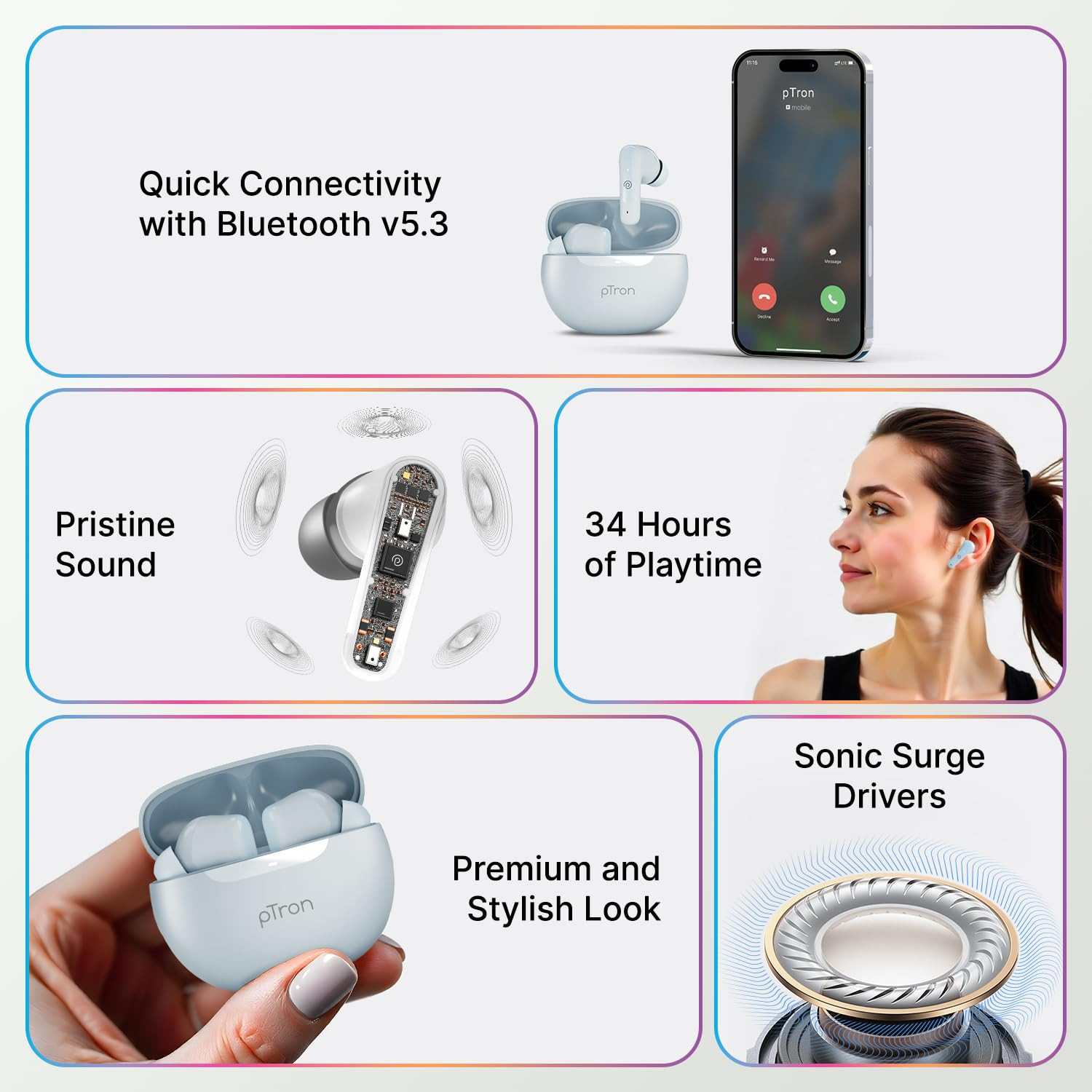 pTron Bassbuds Astra in-Ear TWS Earbuds with Stereo Sound 34Hrs Playtime Stereo Calls Bluetooth V53 Headphones with Quick Pairing Touch Control Voice Assistant Type C Charging IPX4 Grey