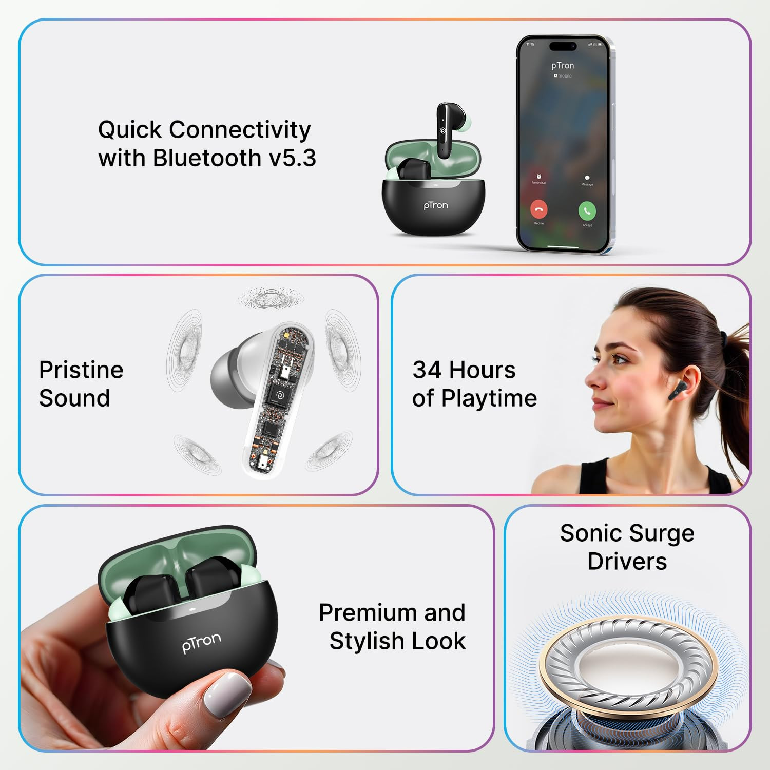 pTron Bassbuds Astra In-Ear TWS Earbuds with Stereo Sound 34Hrs Playtime Stereo Calls Bluetooth V53 Headphone with Quick Pairing Touch Control Voice Assist Type C Charging IPX4Black Green