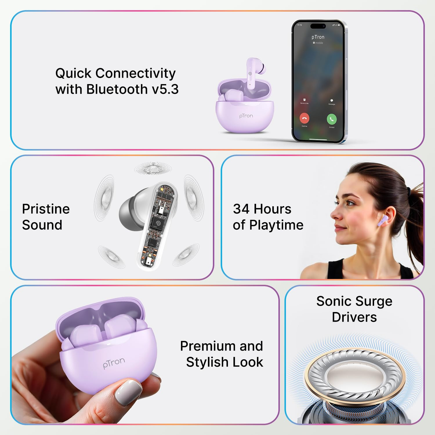 pTron Bassbuds Astra in-Ear TWS Earbuds with Stereo Sound 34Hrs Playtime Stereo Calls Bluetooth V53 Headphones with Quick Pairing Touch Control Voice Assistant Type C Charging IPX4 Lilac