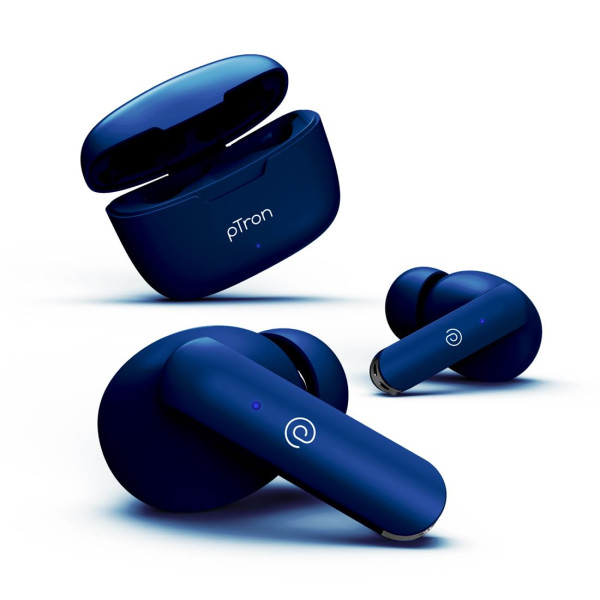 Image of PTron Bassbuds Duo Bluetooth Truly Wireless in Ear Earbuds with Mic with 32Hrs Total Playtime, 5.1, Stereo Audio, Touch Control TWS, Dual Mic, Type-C Fast Charging, IPX4 &amp; Voice Assistance (Blue)