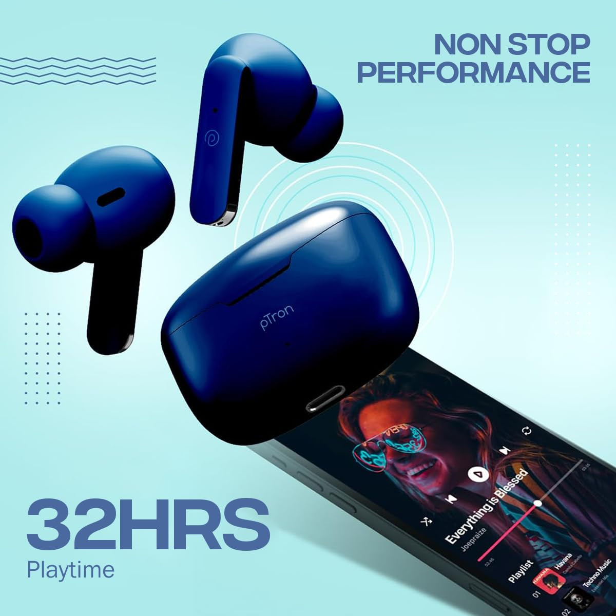 PTron Bassbuds Duo Bluetooth Truly Wireless in Ear Earbuds with Mic with 32Hrs Total Playtime 51 Stereo Audio Touch Control TWS Dual Mic Type-C Fast Charging IPX4 Voice Assistance Blue