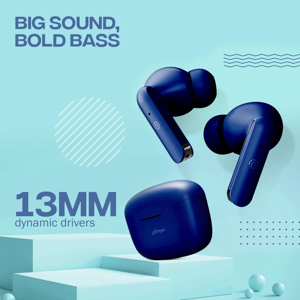 PTron Bassbuds Duo Bluetooth Truly Wireless in Ear Earbuds with Mic with 32Hrs Total Playtime 51 Stereo Audio Touch Control TWS Dual Mic Type-C Fast Charging IPX4 Voice Assistance Blue