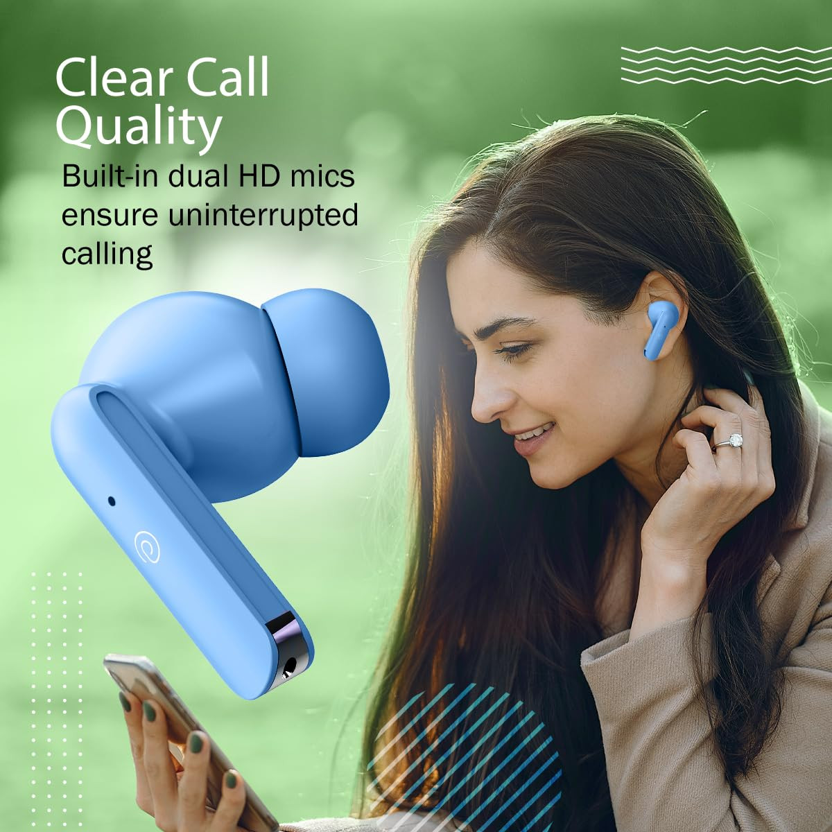 pTron Bassbuds Duo in-Ear Wireless Earbuds Immersive Sound 32H Playtime Clear Calls TWS Earbuds Bluetooth V51 Headphones Type-C Fast Charging Voice Assistant IPX4 Water Resistant Matt Blue