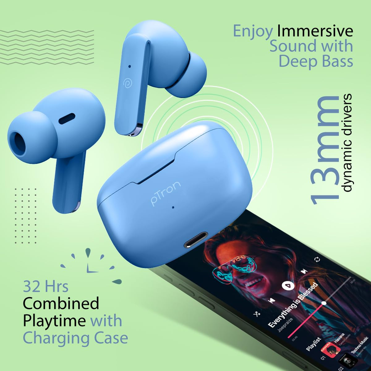 pTron Bassbuds Duo in-Ear Wireless Earbuds Immersive Sound 32H Playtime Clear Calls TWS Earbuds Bluetooth V51 Headphones Type-C Fast Charging Voice Assistant IPX4 Water Resistant Matt Blue