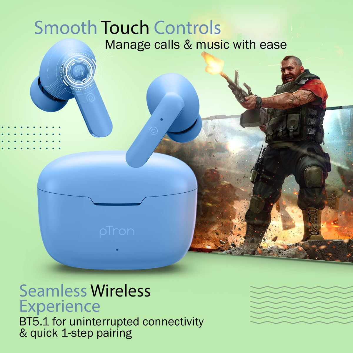 pTron Bassbuds Duo in-Ear Wireless Earbuds Immersive Sound 32H Playtime Clear Calls TWS Earbuds Bluetooth V51 Headphones Type-C Fast Charging Voice Assistant IPX4 Water Resistant Matt Blue