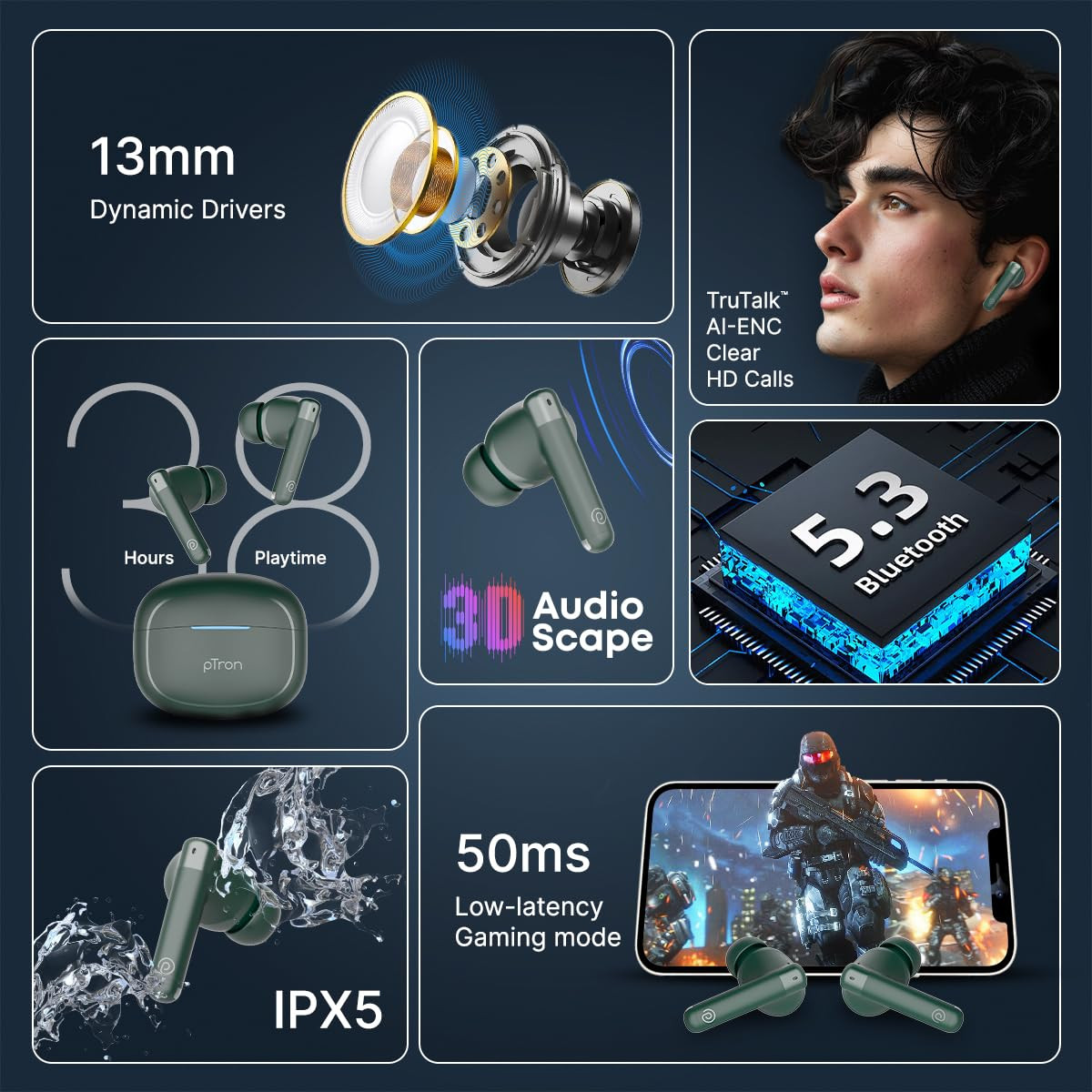 pTron Bassbuds Duo Pro TWS in Ear Earbuds with 3D AudioscapeTrutalk Ai-Enc CallsThunder Bass38H Playtime50Ms Low Latency MovieMusic ModesBt 53Ultra Hd MicFast Type-C ChargingIpx5Green