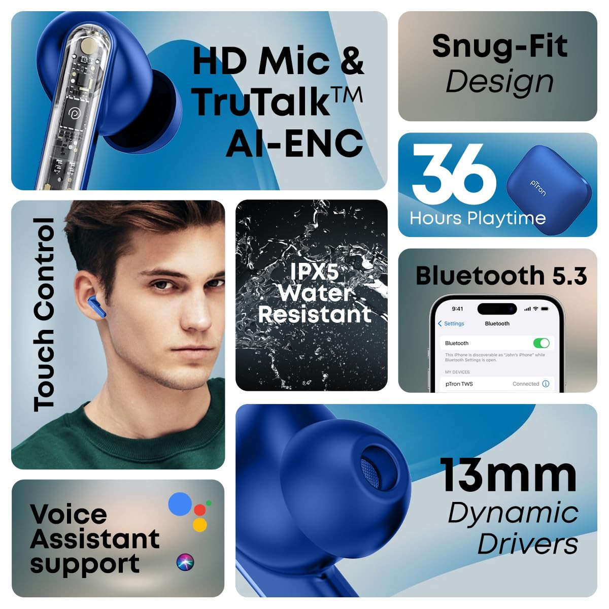 pTron Bassbuds Gomax in-Ear TWS Earbuds HD Mic TruTalk AI-ENC Calls 36H Playtime 13mm Drivers Bluetooth 53 Wireless Headphones Voice Assist Type-C Fast Charging IPX5 Water Resistant Blue