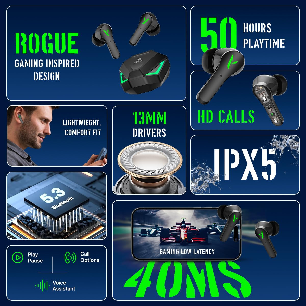 pTron Bassbuds Rogue w 40ms Low-Latency Gaming Clear Calls 50hrs Playtime Pristine Sound V53 Bluetooth Headphones Snug-fit RGB Lights Touch Control Voice Assist IPX5 Water Resistant Black