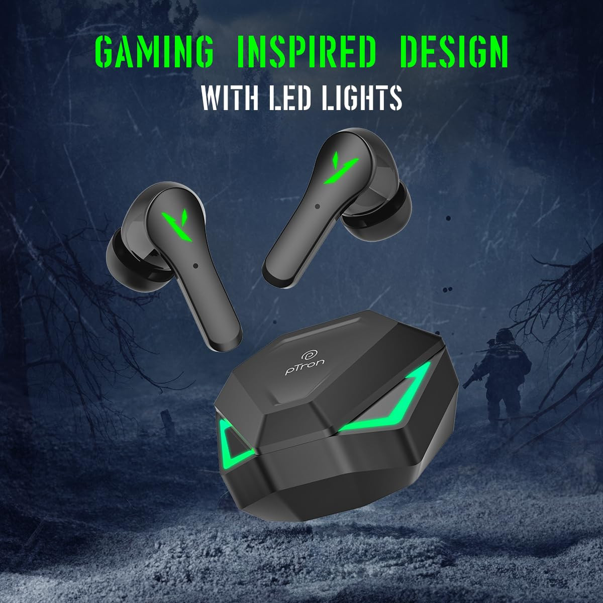 pTron Bassbuds Rogue w 40ms Low-Latency Gaming Clear Calls 50hrs Playtime Pristine Sound V53 Bluetooth Headphones Snug-fit RGB Lights Touch Control Voice Assist IPX5 Water Resistant Black