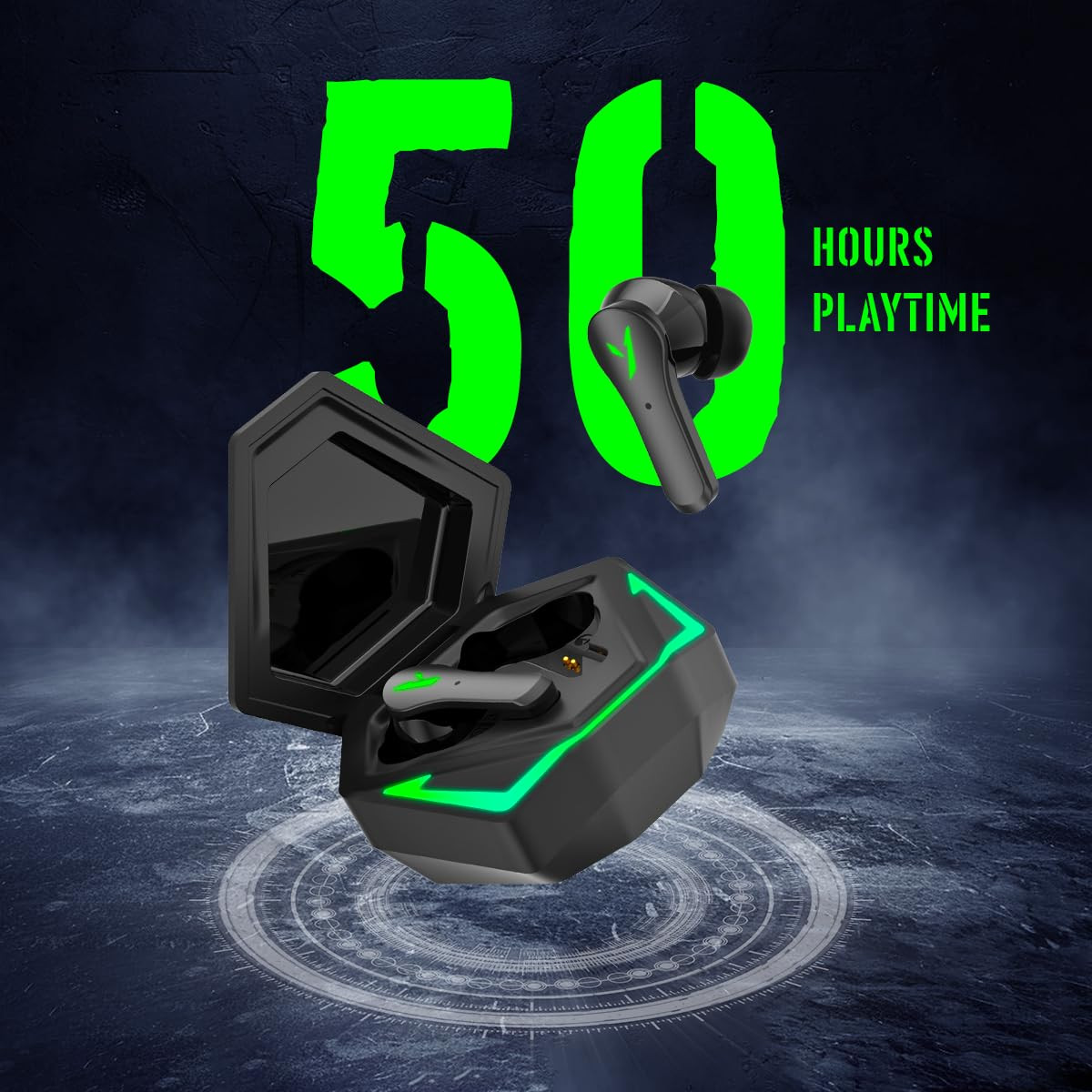 pTron Bassbuds Rogue w 40ms Low-Latency Gaming Clear Calls 50hrs Playtime Pristine Sound V53 Bluetooth Headphones Snug-fit RGB Lights Touch Control Voice Assist IPX5 Water Resistant Black