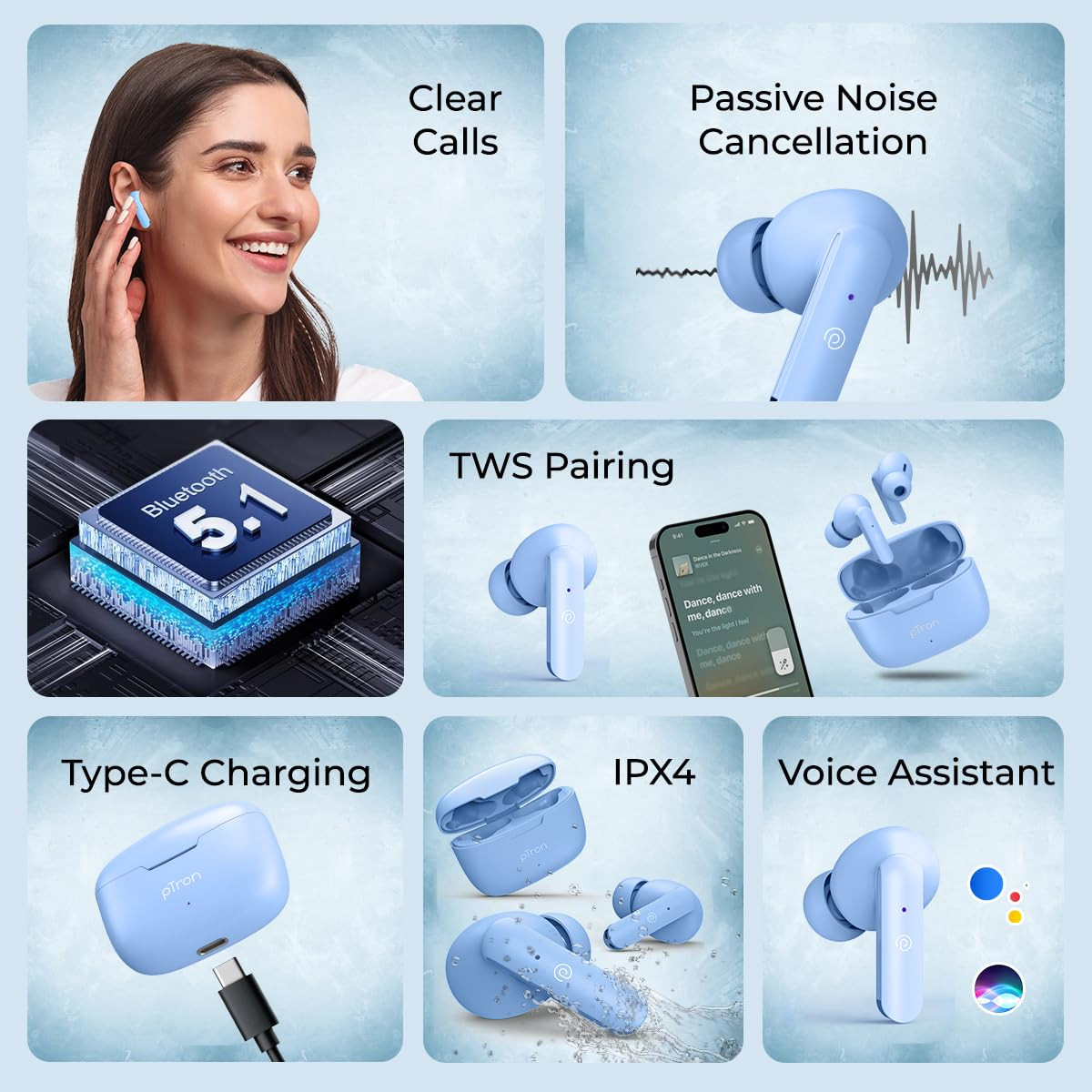 pTron Basspods P81 in-Ear Wireless Earbuds Pristine Sound 32Hrs Playtime Clear Calls TWS Earbuds Bluetooth V51 Headphone Type-C Fast Charging Voice Assist IPX4 Water Resistant Blue Matt