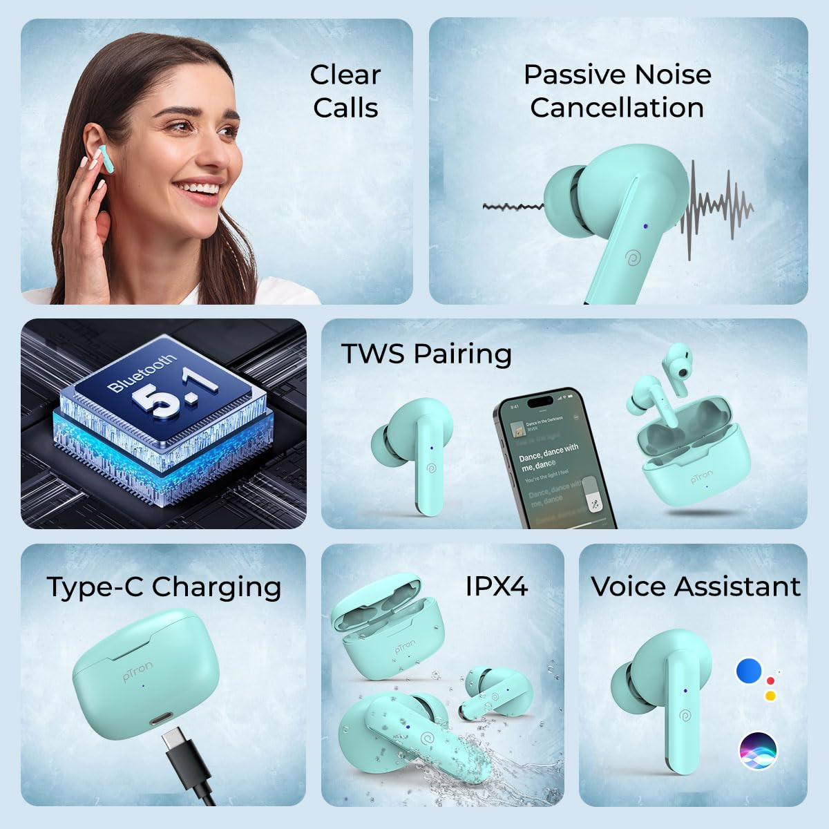 pTron Basspods P81 in-Ear Wireless Earbuds Pristine Sound 32Hrs Playtime Clear Calls TWS Earbuds Bluetooth V51 Headphone Type-C Fast Charging Voice Assist IPX4 Water Resistant Mint Green