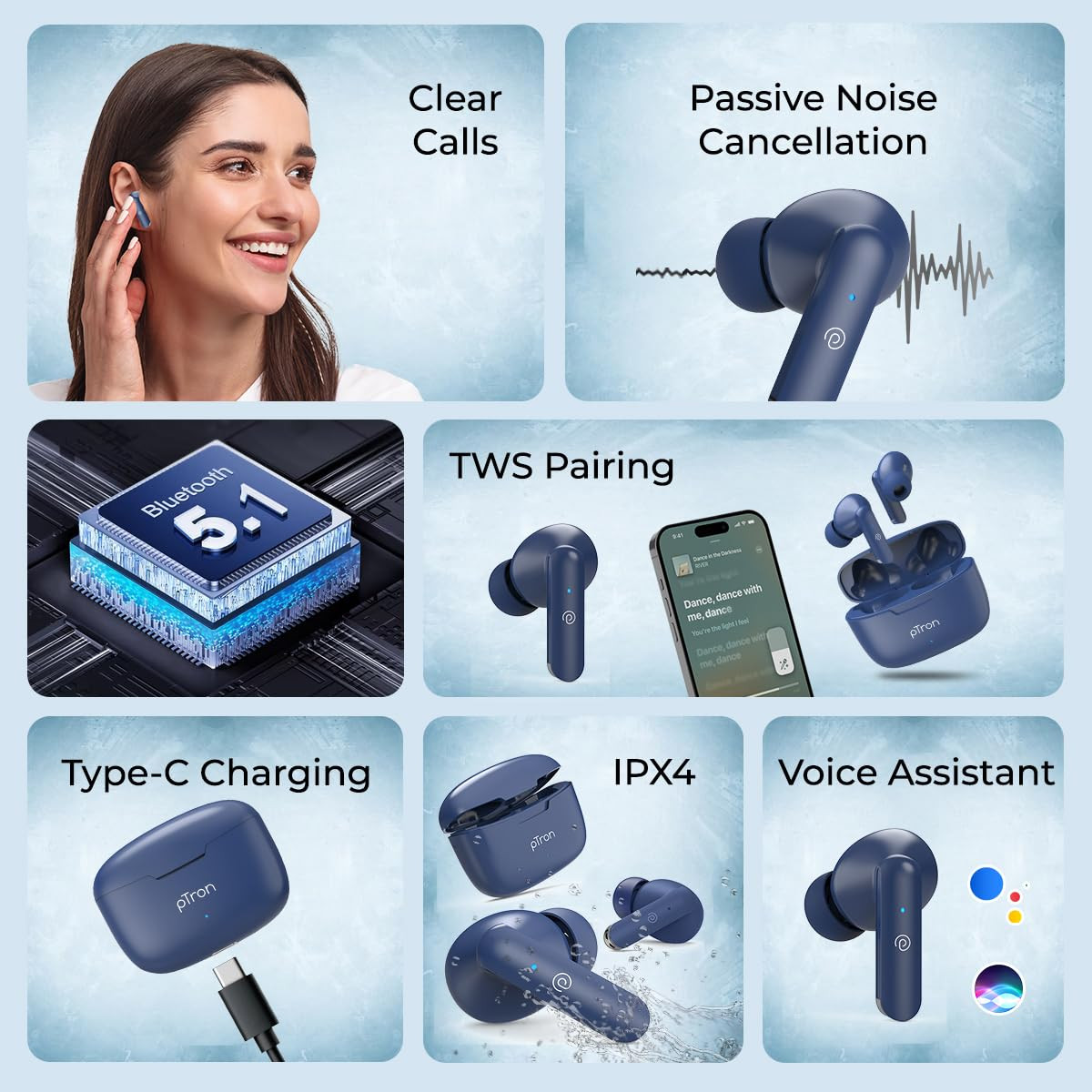 pTron Basspods P81 in-Ear Wireless Earbuds Pristine Sound 32Hrs Playtime Clear Calls TWS Earbuds Bluetooth V51 Headphone Type-C Fast Charging Voice Assist IPX4 Water Resistant Blue