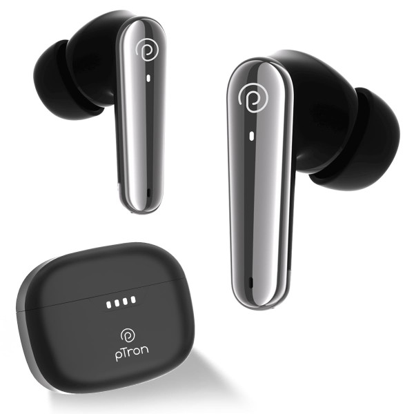 Image of pTron Basspods Tour TWS Earbuds with 3D AudioScape, 45Hrs Playtime, TruTalk AI-ENC Calls, 50ms Low Latency Sync, BT v5.3, Type-C Fast Charging, Voice Asst. &amp; IPX5 Water Resistant (Black)