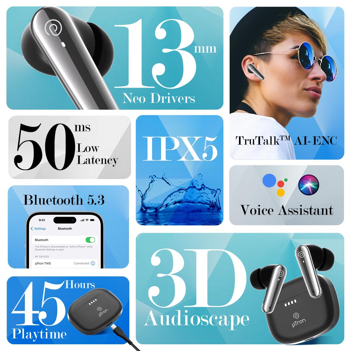 pTron Basspods Tour TWS Earbuds with 3D AudioScape 45Hrs Playtime TruTalk AI-ENC Calls 50ms Low Latency Sync BT v53 Type-C Fast Charging Voice Asst IPX5 Water Resistant Black
