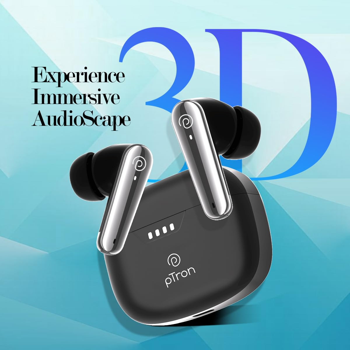 pTron Basspods Tour TWS Earbuds with 3D AudioScape 45Hrs Playtime TruTalk AI-ENC Calls 50ms Low Latency Sync BT v53 Type-C Fast Charging Voice Asst IPX5 Water Resistant Black