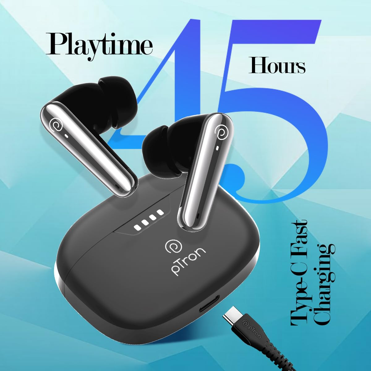 pTron Basspods Tour TWS Earbuds with 3D AudioScape 45Hrs Playtime TruTalk AI-ENC Calls 50ms Low Latency Sync BT v53 Type-C Fast Charging Voice Asst IPX5 Water Resistant Black