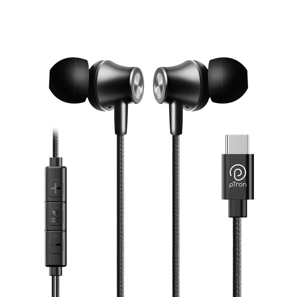 Image of pTron Boom Play in Ear Type C Wired Headphones with Mic, 10Mm Drivers for Immersive Audio, 1.2M Fish Scale Style Tangle-Free Cable, in-Line Controls, Metal Buds, Snug-Fit &amp; Wide Compatibility (Black)