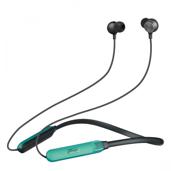 Image of pTron InTunes Classic Bluetooth 5.2 Wireless in-Ear Headphones with Mic, 24H Playback, 13mm Driver, Fast Charging Type-C Neckband, Dual Pairing, Voice Assist &amp; IPX4 Water Resistant (Jet Black/Green)