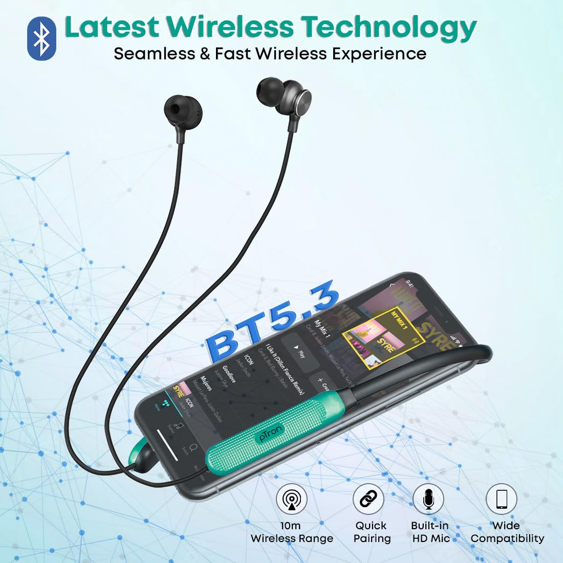 pTron InTunes Classic Bluetooth 52 Wireless in-Ear Headphones with Mic 24H Playback 13mm Driver Fast Charging Type-C Neckband Dual Pairing Voice Assist IPX4 Water Resistant Jet BlackGreen