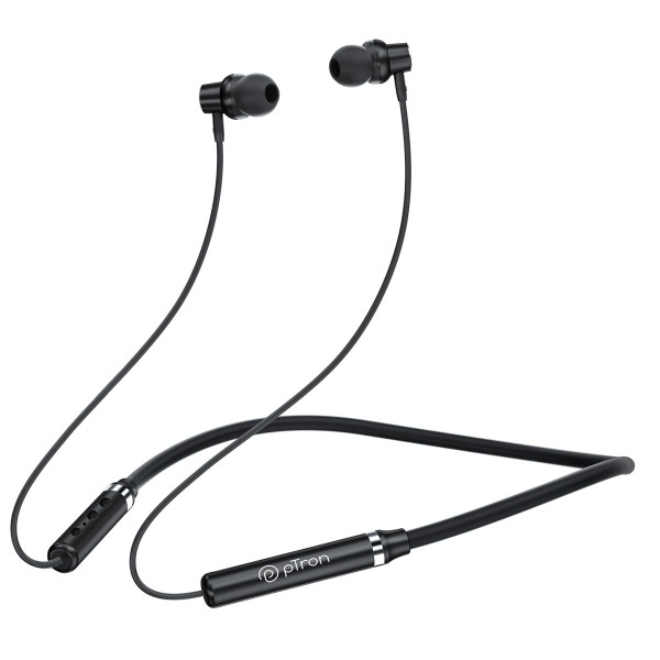 Image of pTron InTunes Magic in-Ear Bluetooth 5.0 Wireless Headphones with Deep Bass, 18H Playtime, Clear Calls, Dual Device Pairing Wireless Neckband, Fast Type-C Charge, Voice Assistant &amp; IPX4 (Jet Black)