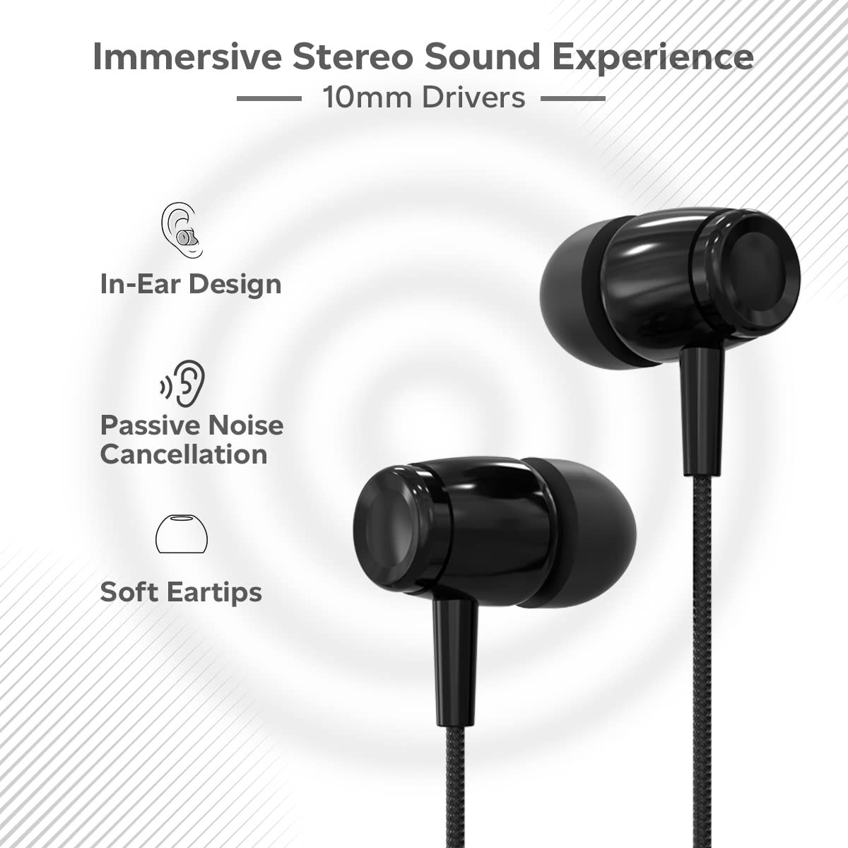 pTron Pride Indie in-Ear Wired Earphones with Mic Stereo Sound 10mm Drivers Snug-fit Design Passive Noise Cancellation in-line Controls Universal 35mm Aux 12m Tange-Free Cable Black