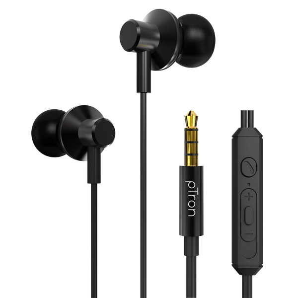 Image of pTron Pride Lite in-Ear Wired in Ear Earphones with in-line Mic, 10mm Driver, Immersive Sound, Metal Buds, Compatible with 3.5mm Aux Port Device &amp; 1.2m Tangle-Free Cable (Metallic Black)