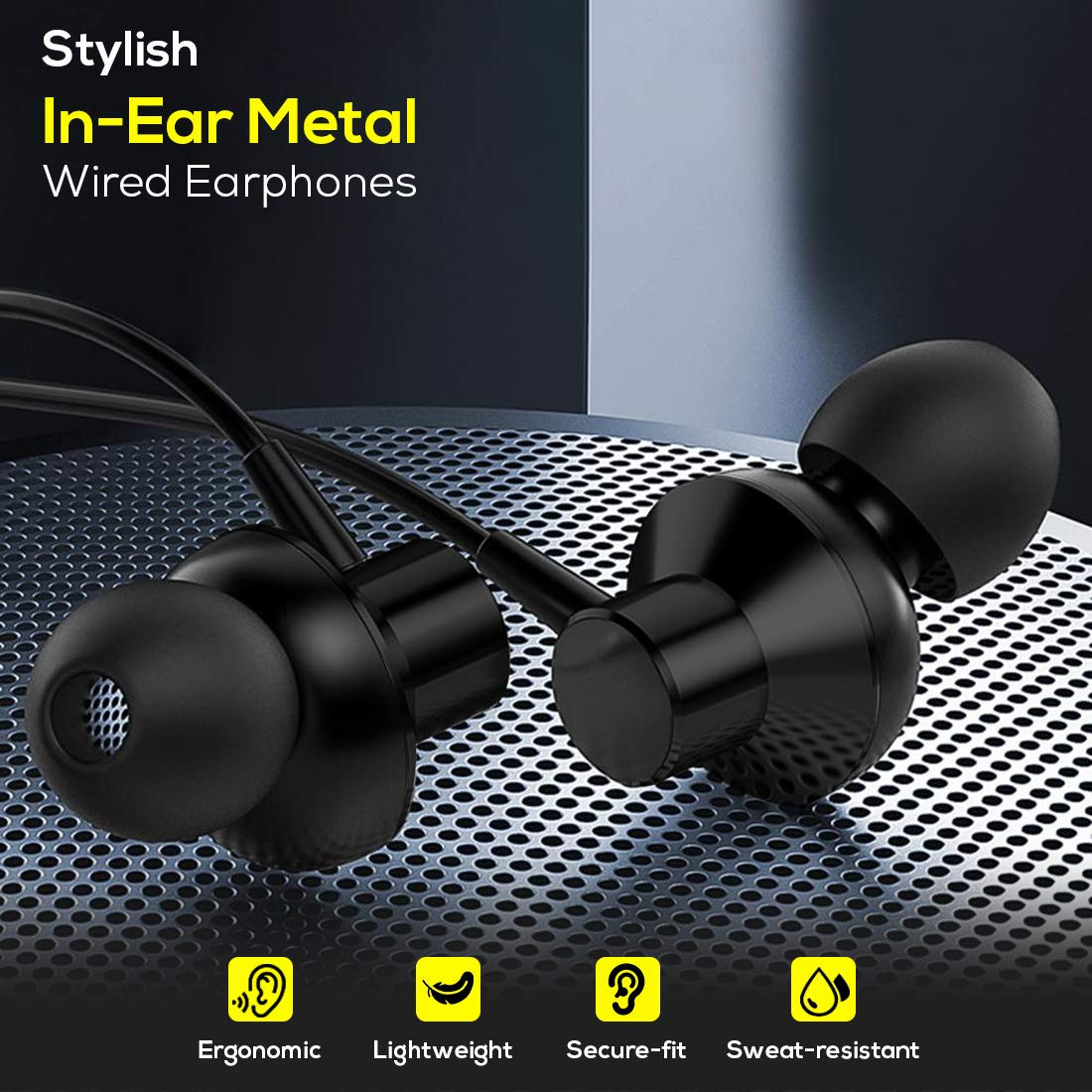 pTron Pride Lite in-Ear Wired in Ear Earphones with in-line Mic 10mm Driver Immersive Sound Metal Buds Compatible with 35mm Aux Port Device 12m Tangle-Free Cable Metallic Black