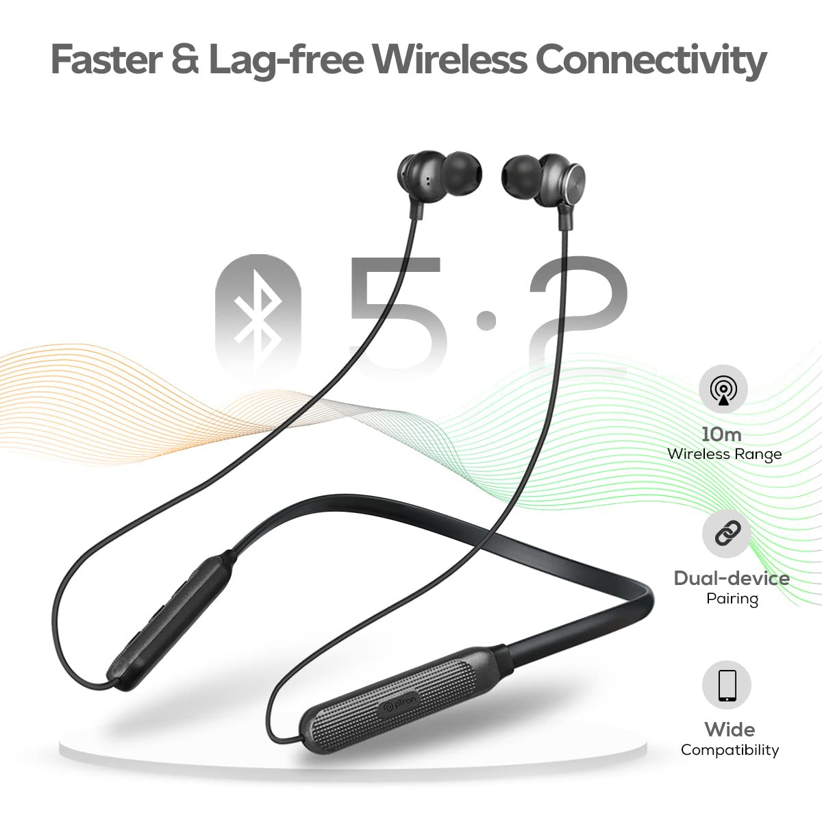 pTron Tangent Duo Bluetooth 52 Wireless in Ear Earphones with Mic 24Hrs Playback 13mm Driver Deep Bass Fast Charging Type-C Neckband Dual Pairing Voice Assistant IPX4 Water Resistant Black