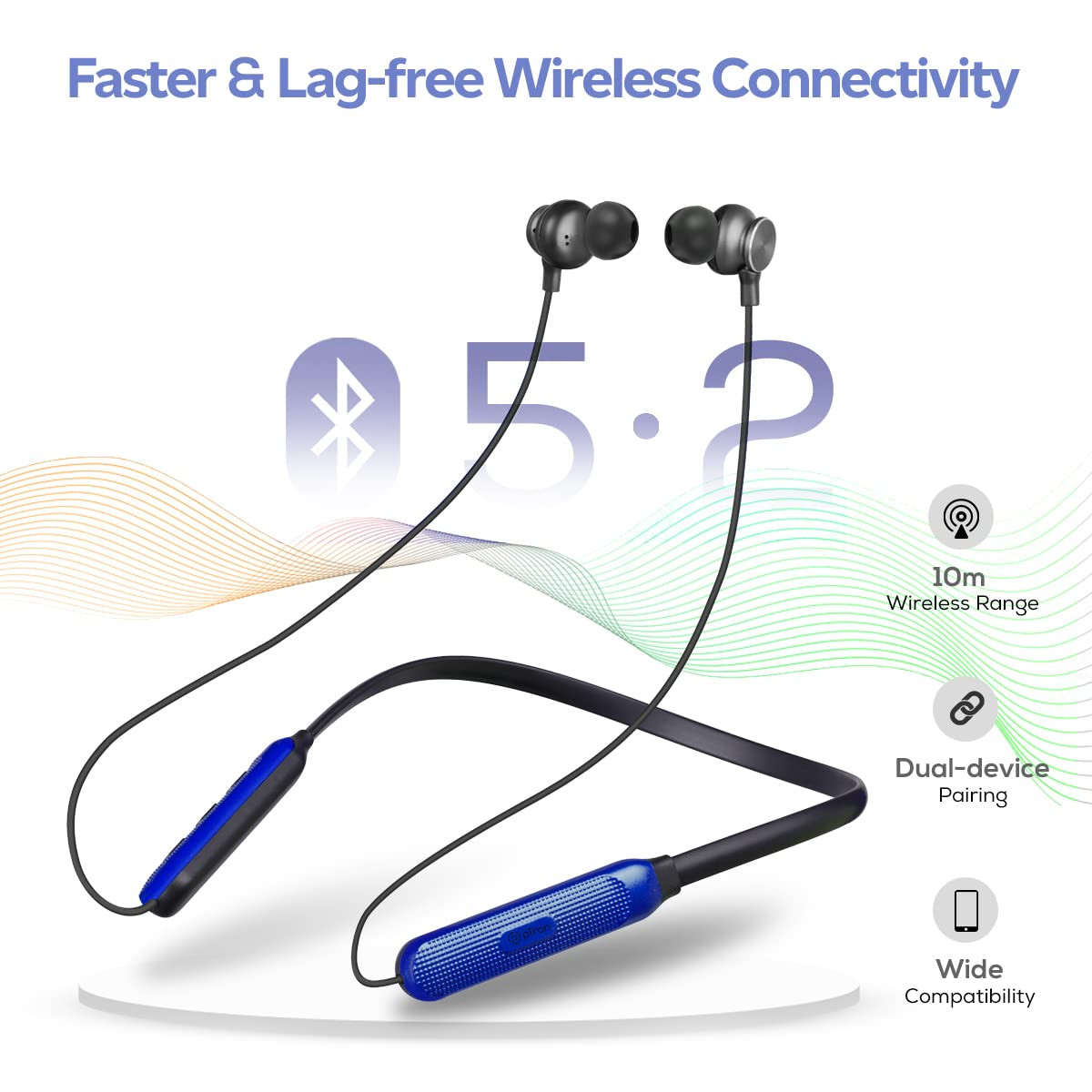 pTron Tangent Duo Bluetooth 52 Wireless in Ear Headphones 13mm Driver Deep Bass HD Calls Fast Charging Type-C Neckband Dual Pairing Voice Assistant IPX4 Water Resistant BlackBlue