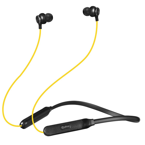 Image of pTron Tangent Duo Bluetooth 5.2 Wireless in-Ear Headphones, 13mm Driver, Deep Bass, HD Calls, Fast Charging Type-C Wireless Neckband, Dual Pairing, Voice Assistant&amp; IPX4 Water Resistant (Yellow/Black)